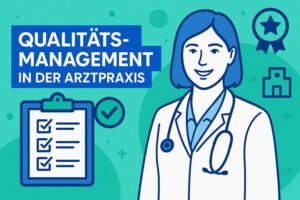 Illustration zum Qualitätsmanagement in der Arztpraxis mit Ärztin, Checkliste und Symbolen für Struktur und Sicherheit