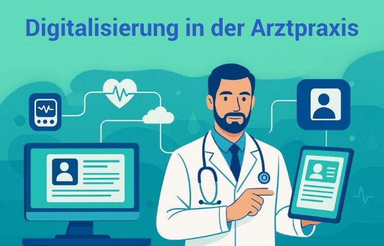 Illustration eines Arztes mit digitalen Geräten zur Verwaltung von Patientenakten in einer digitalisierten Arztpraxis