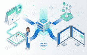 Isometrische Grafik eines Recall-Systems mit Ärztin, Kalender-Benachrichtigungen und Dashboard zur Patientenverwaltung.