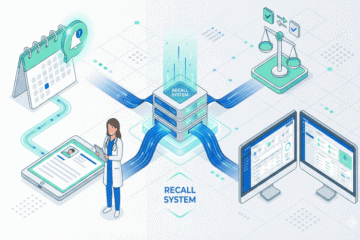 Isometrische Grafik eines Recall-Systems mit Ärztin, Kalender-Benachrichtigungen und Dashboard zur Patientenverwaltung.