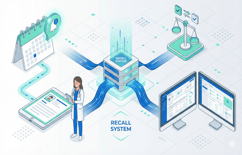 Isometrische Grafik eines Recall-Systems mit Ärztin, Kalender-Benachrichtigungen und Dashboard zur Patientenverwaltung.