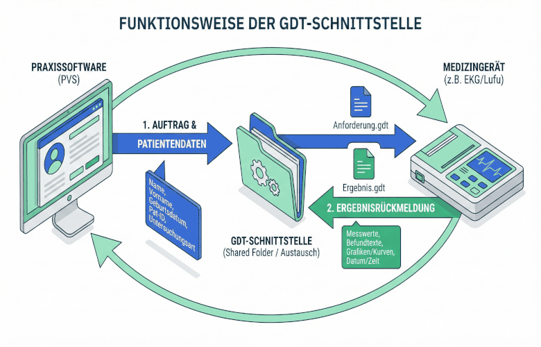 Schema zur Funktionsweise der GDT-Schnittstelle mit Datenfluss zwischen Praxissoftware und Medizingerät.