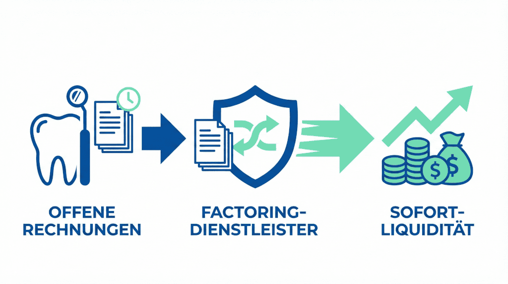 Infografik zum Zahnarzt-Factoring: Von der offenen Rechnung über den Dienstleister zur sofortigen Liquidität.