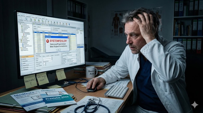 Ein frustrierter Hausarzt sitzt vor einem Computer mit einer Systemfehlermeldung in seiner Praxissoftware.