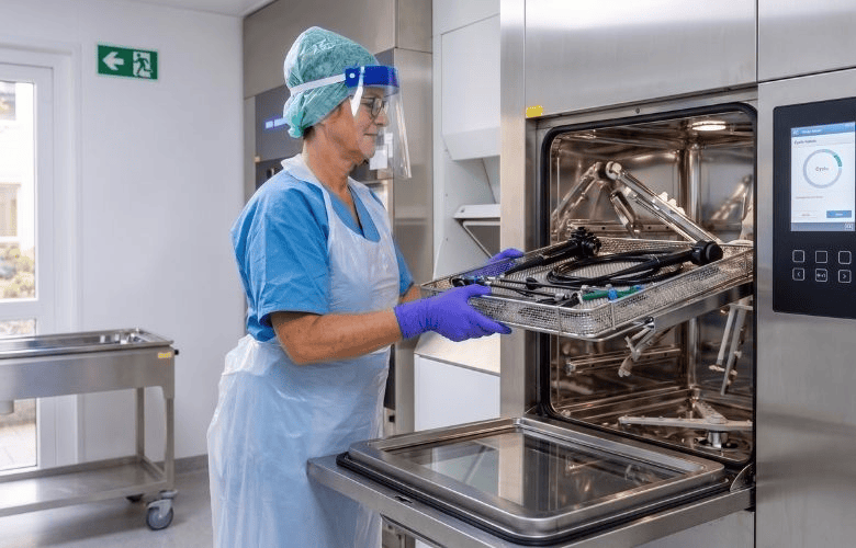 Fachkraft in Schutzkleidung schiebt ein Endoskop im Siebkorb zur Aufbereitung in ein Reinigungs-Desinfektionsgerät.