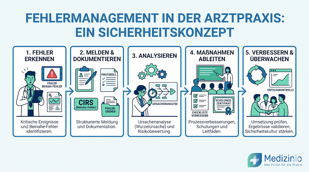 Infografik zum Fehlermanagement in der Arztpraxis mit 5 Prozessschritten zur Fehlererkennung, Analyse und Verbesserung.