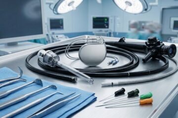 Sterile chirurgische Instrumente, ein Herzschrittmacher und ein Endoskop auf einem Metalltablett im Operationssaal.