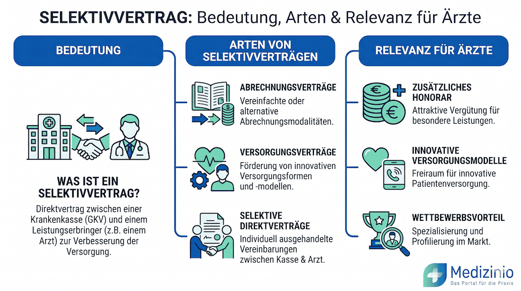 Infografik zum Selektivvertrag für Ärzte mit Erläuterungen zu Bedeutung, Vertragsarten und Relevanz für die Praxis.
