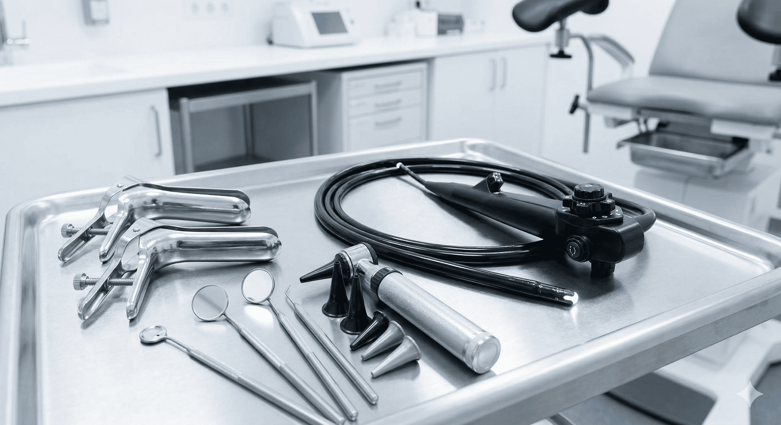 Instrumentenaufbereitung in einem Sterilisationsraum mit moderner Ausrüstung Medizinisches Besteck, Spekula und ein Endoskop auf einem Metalltablett in einem hellen Behandlungszimmer.