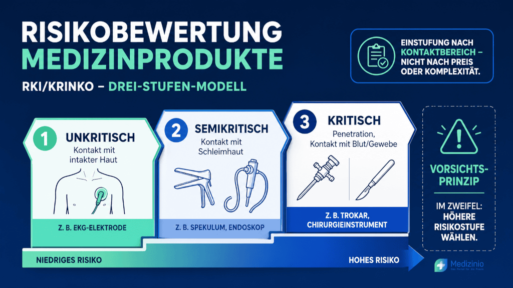 Infografik zum RKI-Dreistufenmodell für die Risikobewertung von Medizinprodukten: unkritisch, semikritisch und kritisch.