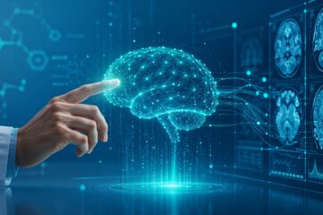 Digitale Visualisierung eines leuchtenden neuronalen Gehirn-Netzwerks vor medizinischen Gehirnscans und Datenanalysen als Zeichen für KI in der Medizin.