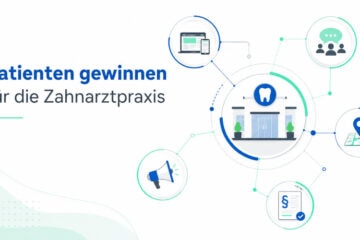 Infografik zur Patientengewinnung für die Zahnarztpraxis mit Symbolen für Online-Marketing, Website und Standort.