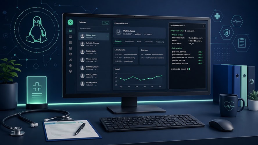 Ein Monitor mit einer Linux-Praxissoftware und Terminal, daneben ein leuchtendes Tux-Logo und ein Stethoskop.