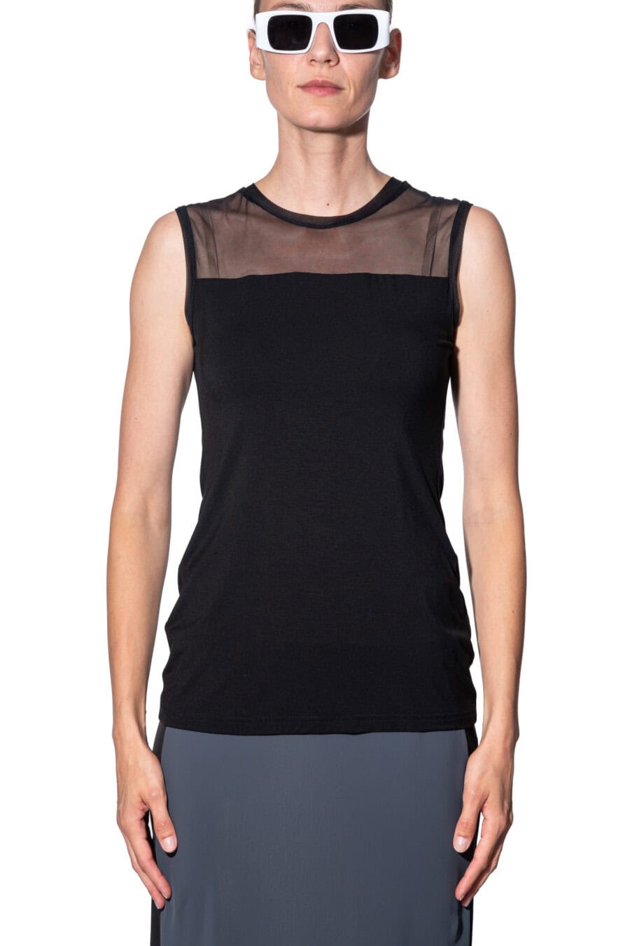 Sleeveless top with mesh yoke 1