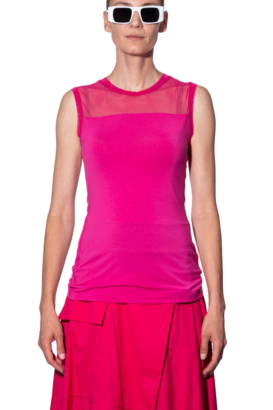 Sleeveless top with mesh yoke 1