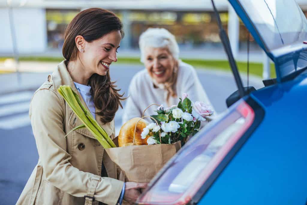 Young woman delivering groceries to an elderly woman in her car.