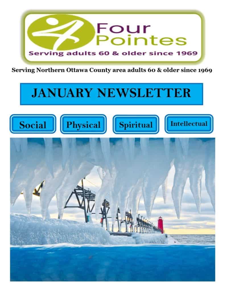 Elderly people walking on a snowy pier with ice formations overhead.