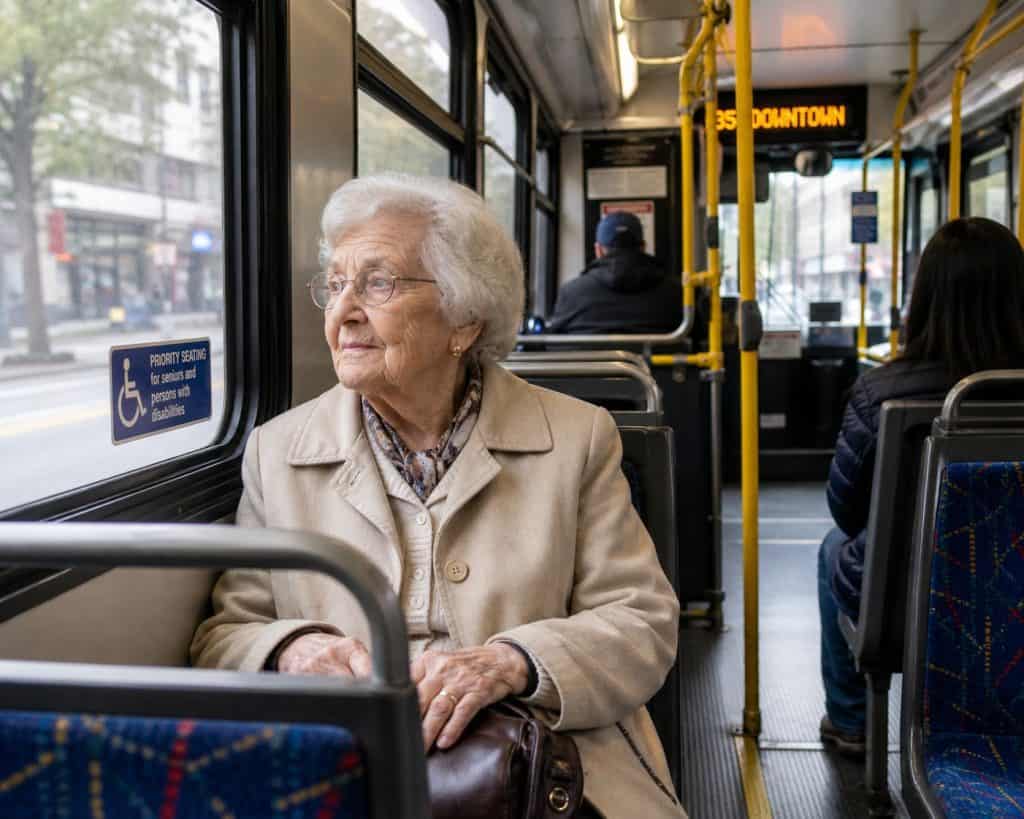 Elderly woman on bus with passengers and route display in background.