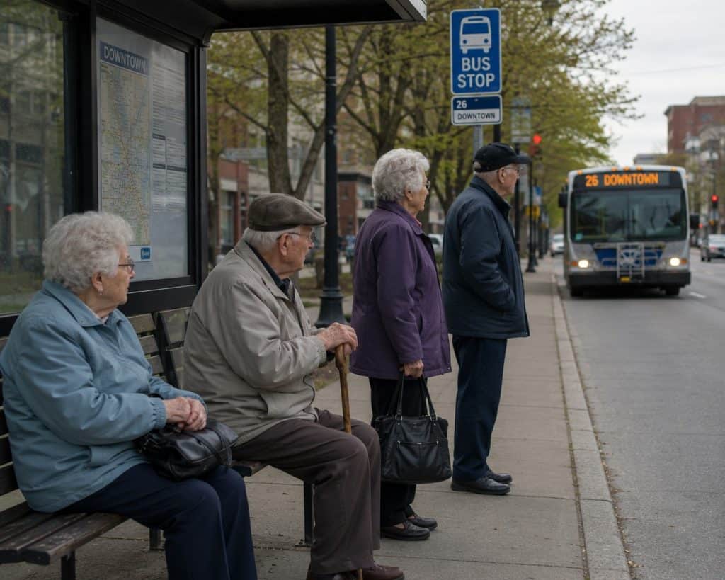 People waiting at a Harbor Transit bus stop for the downtown bus route.