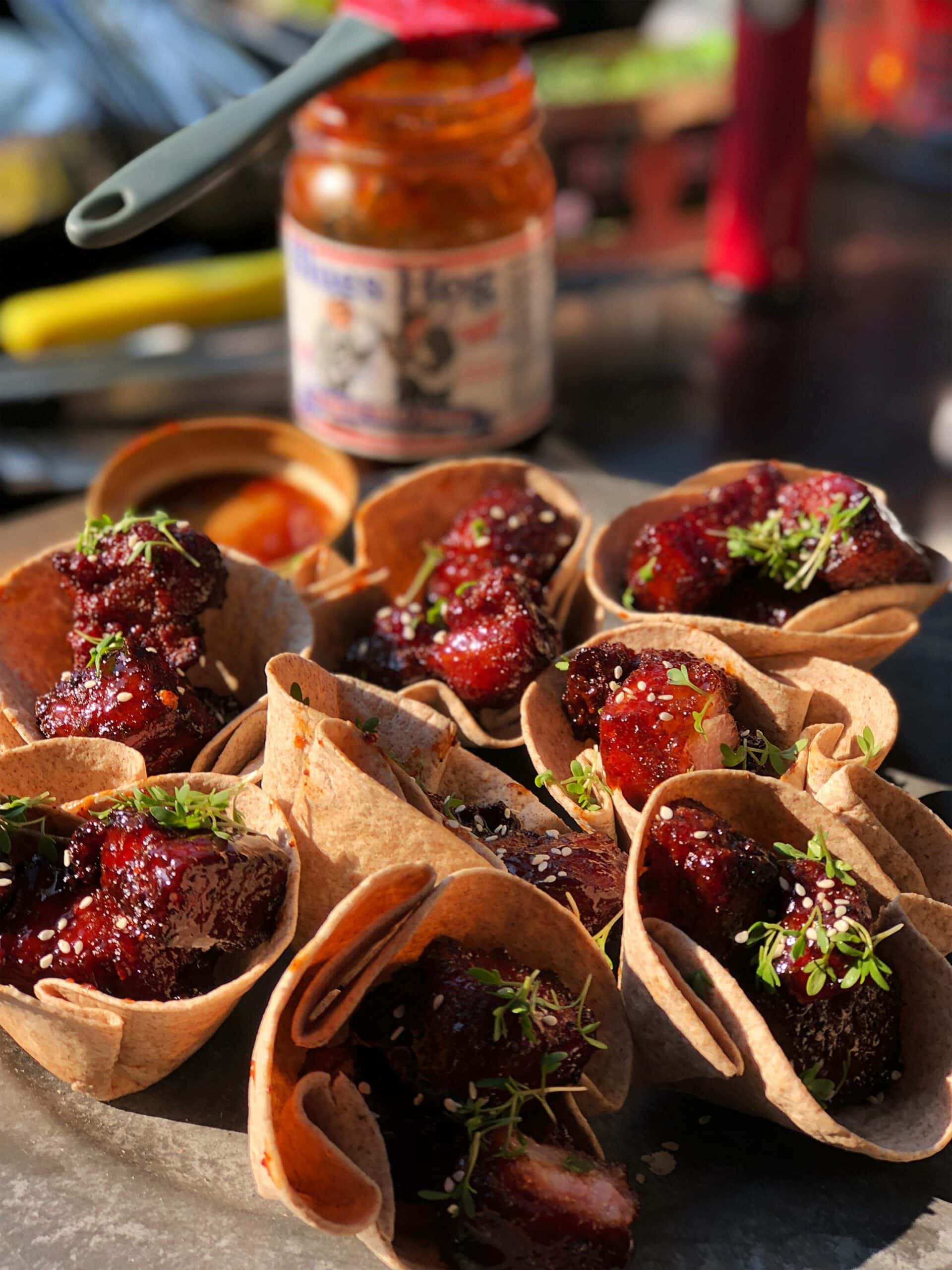 Pork belly burnt ends in tortilla cup