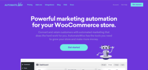 Screenshot of the AutomateWoo homepage providing an overview of the AutomateWoo's offerings in marketing automation.