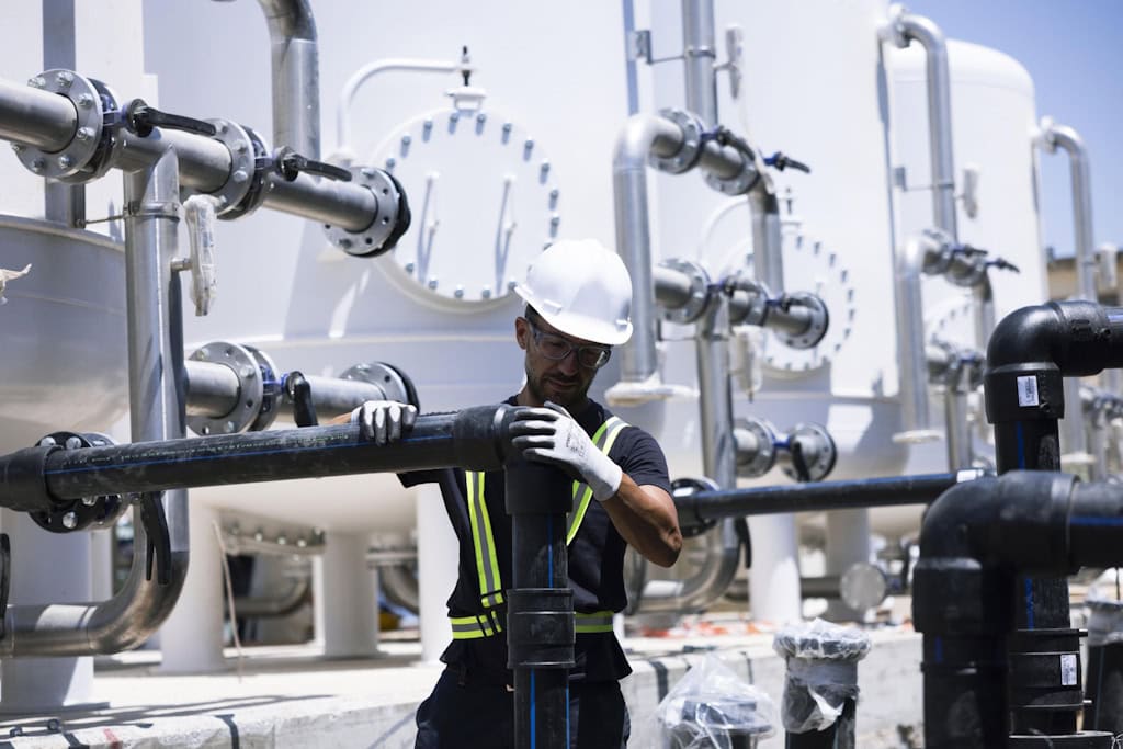 Operaio con casco e giubbotto di sicurezza lavora su tubature industriali in un impianto moderno.