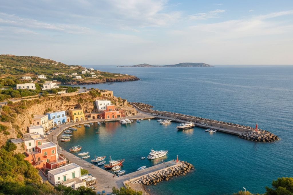 Veduta panoramica del porto di Ventotene con case colorate, barche ormeggiate e mare calmo sullo sfondo.
