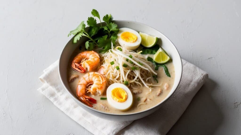 A bowl of Singaporean Laksa with shrimp, half-boiled eggs, bean sprouts, lime wedges, and cilantro, served on a white cloth.