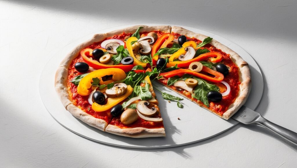 A vegan pizza topped with sliced bell peppers, olives, mushrooms, and arugula rests elegantly on a pizza paddle, reminiscent of a performance by Beyoncé—bold and unforgettable.