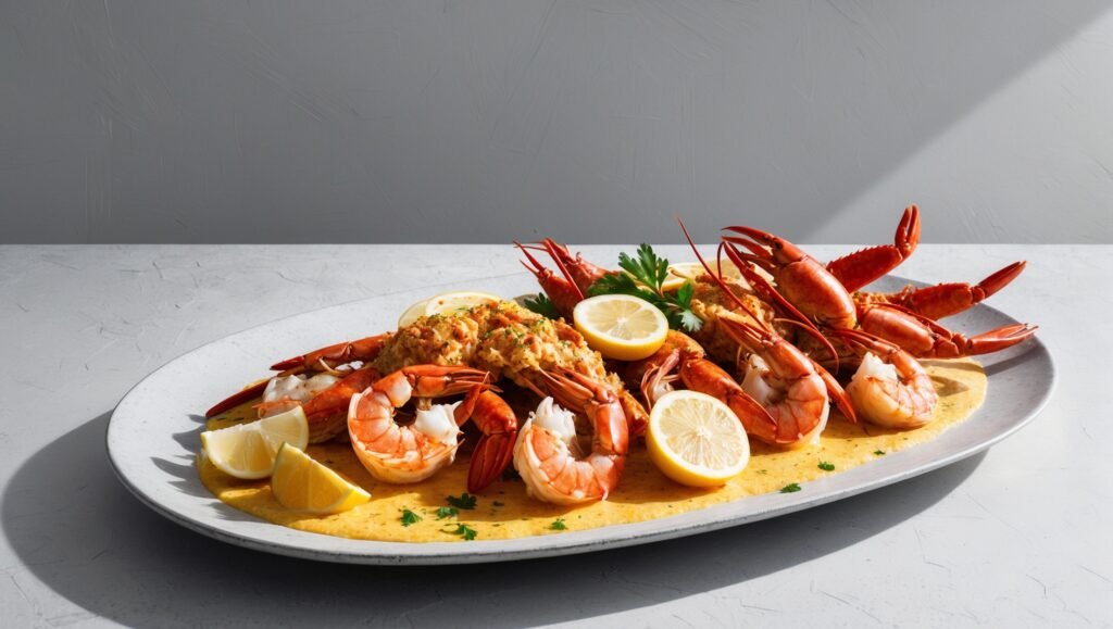 A Cajun Seafood Medley featuring prawns, lobsters, and lemon wedges on a white oval dish.