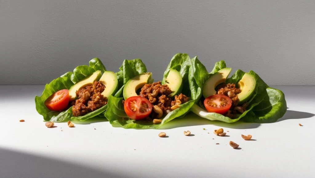 Three lettuce wraps, reminiscent of delicious Lettuce Tacos, are filled with minced meat, avocado slices, and cherry tomatoes on a white surface.