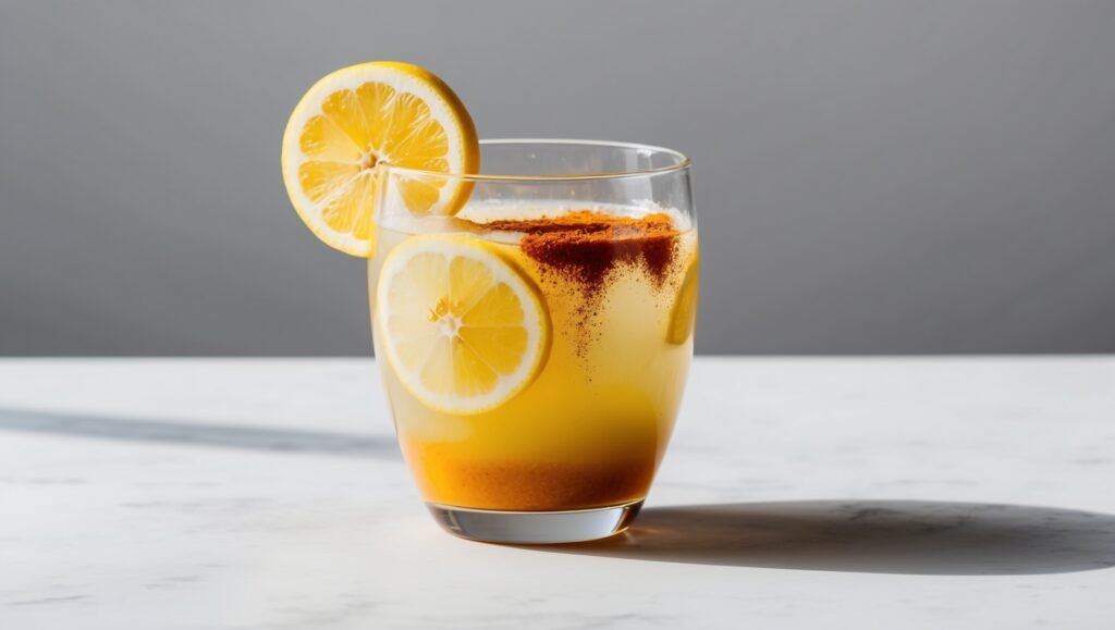 A glass of lemon-infused water with a slice of lemon on the rim and a pinch of spice on top, placed on a marble surface—a perfect morning detox drink fit for Beyoncé herself.