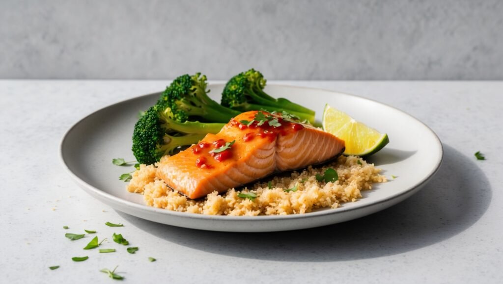 A plate featuring Honey-Lime Sriracha Salmon on a bed of couscous, accompanied by broccoli and a lime wedge.