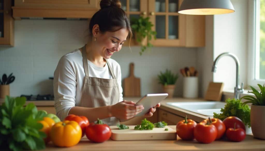 A woman in an apron smiles while using a tablet in a kitchen. Fresh vegetables, including tomatoes and lettuce, are on the counter.