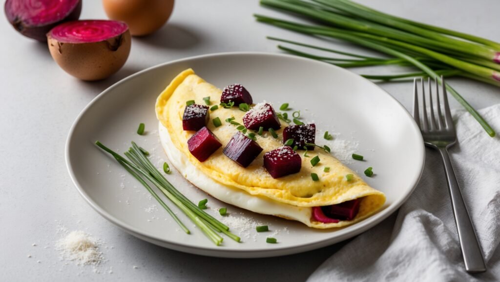 A protein-packed egg white omelet lies folded on a white plate, crowned with diced purple beets and chives. Beside it sit whole eggs, a sliced beet, and fresh chives on a gray surface.