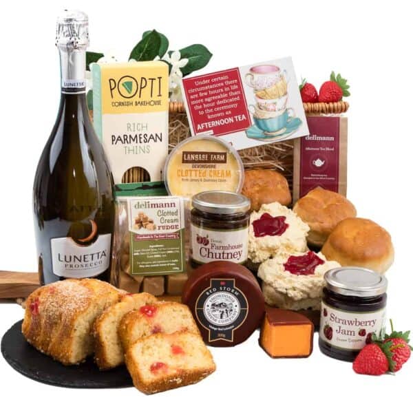 A gift basket featuring The Bubbly Celebration Tea.