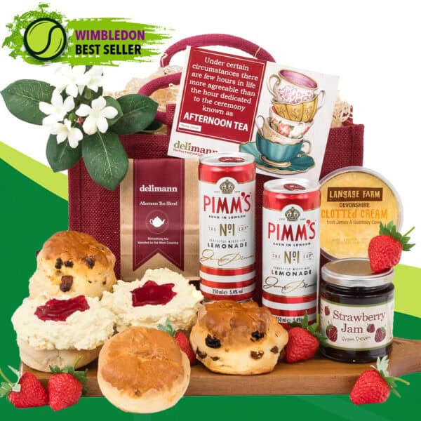 a Classic British Pimm’s Cream Tea, including scones, jam, clotted cream, jam, and pimms. A label says "Wimbledon Best Seller.