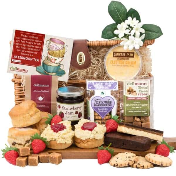 A wicker basket with a variety of Gluten Free Cream Tea Treats and biscuits.