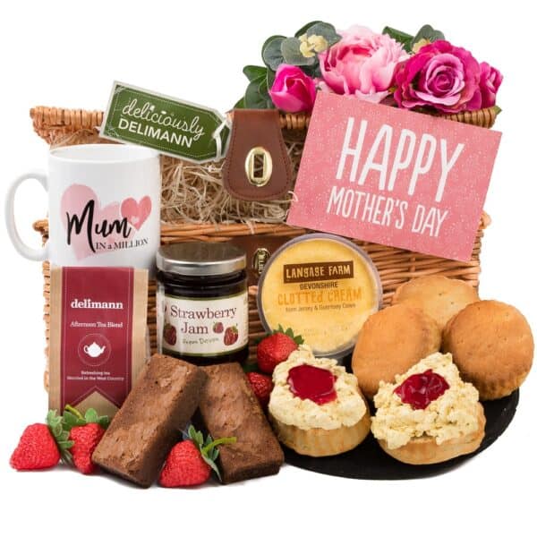 gluten free cream tea with gluten free brownies and a mug with hearts and 'mum in a million' logo