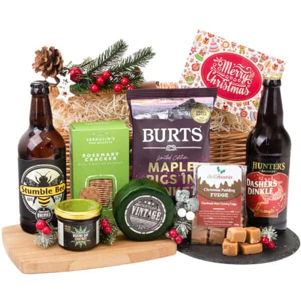 A Festive Beer & Cheese Gift hamper.