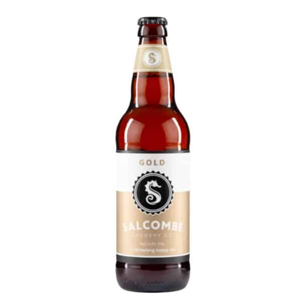 A bottle of Salcombe Brewery Gold Ale (500ml) on a white background.