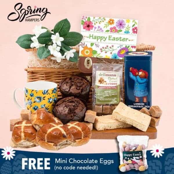 Paddington's Hot Cross Bun Easter Hamper with a floral mug, muffins, shortbread, fudge and free mini chocolate eggs