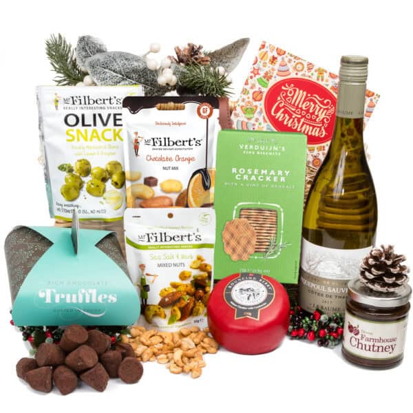 A delicious Christmas Cheese & Wine Gift Hamper, with a bottle of fine wine, cheese, chutney, olives, mixed nuts, chocolate truffles, and crackers. All elegantly arranged with festive decorations and a Merry Christmas message card.