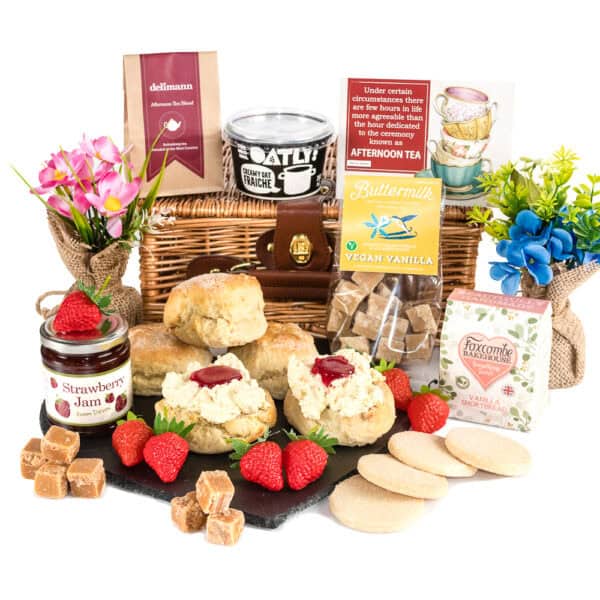 A vegan cream tea hamper with vegan shortbread and vegan fudge.