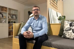 Filip Linsbauer, Technical Manager at BJS Czech, with many of the furniture products that BJS supplies to its Scandinavian customer.