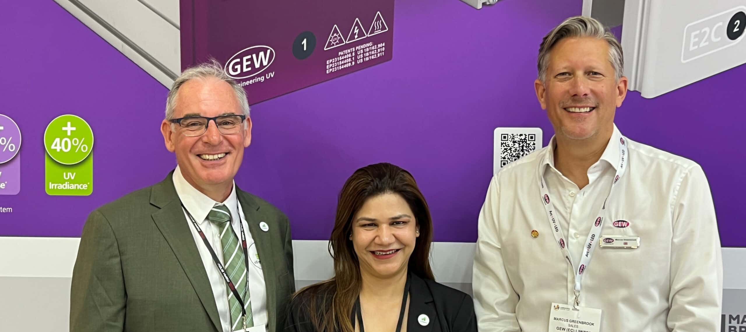 L to R_Chris Bodger and Sheetal Mishra of CS Graphics, with Marcus Greenbrook of GEW, pictured at Labelexpo Europe in Barcelona.