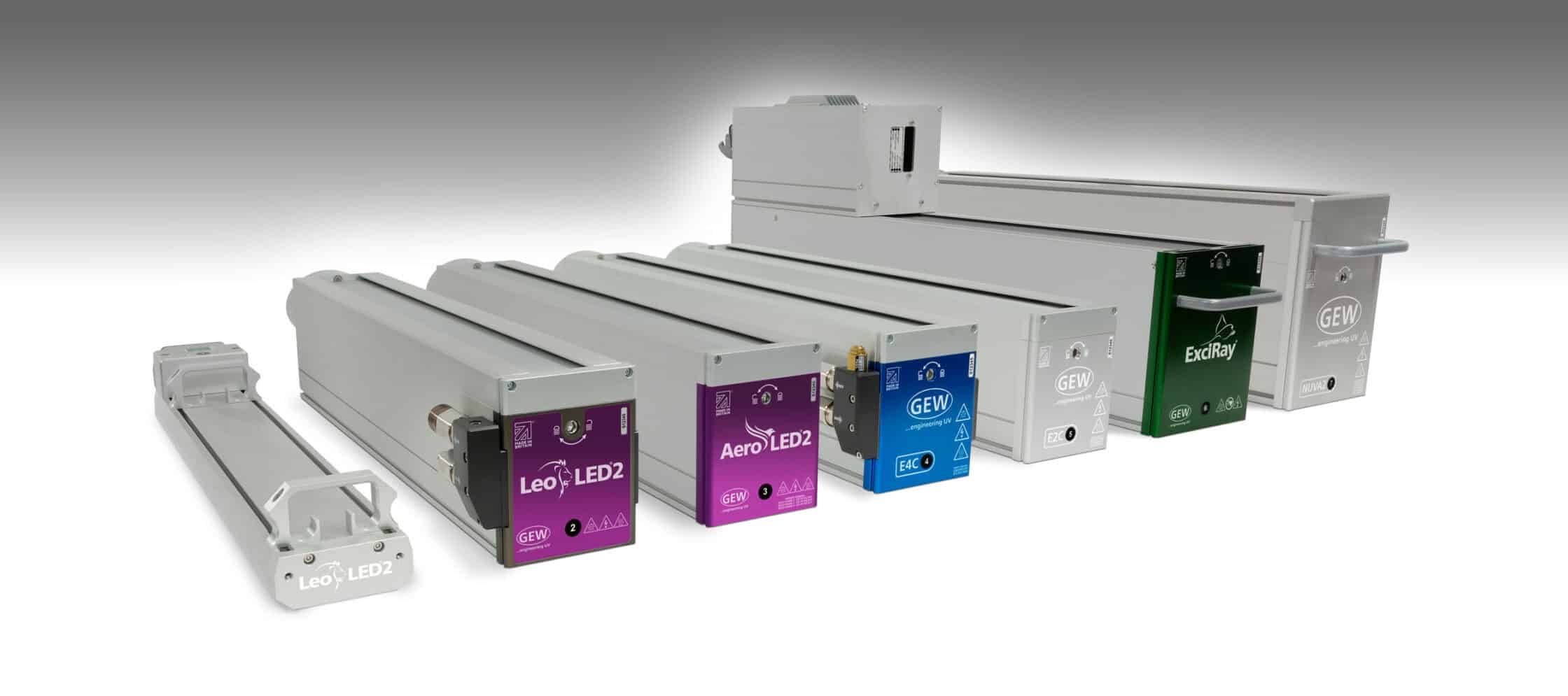 GEW's range of lampheads, including the latest UV LED curing systems, AeroLED2 and LeoLED2.