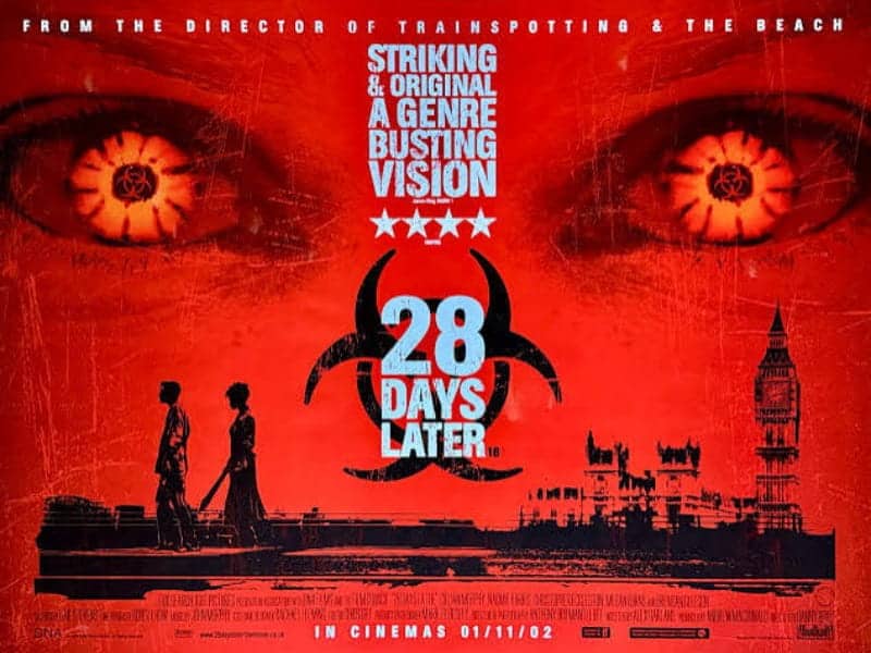 Movie poster for “28 Days Later” in red tones with biohazard symbol, intense eyes, reviews, and silhouettes—perfect for fans of 31 Days of Horror Movies and London-set horror films.
