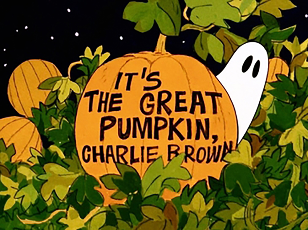 A large pumpkin with the text "IT'S THE GREAT PUMPKIN, CHARLIE BROWN" is surrounded by leaves, evoking a playful nod to 31 Days of Horror Films; meanwhile, a simple cartoon ghost peeks from behind.
