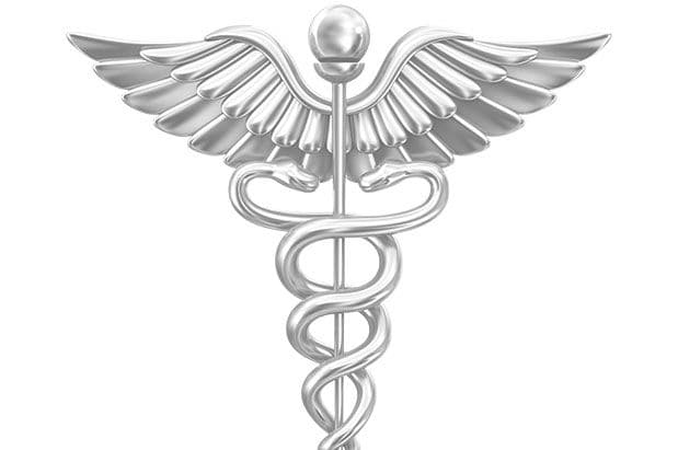 A medical caduceus symbol on a white background.